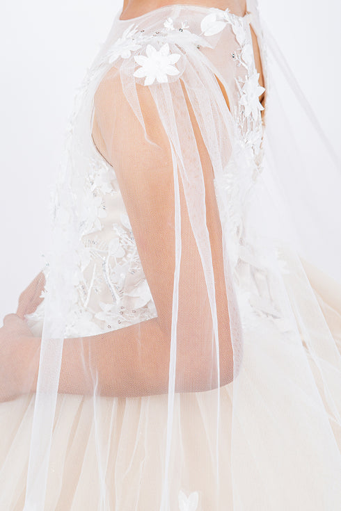 Girls Illusion Top 3D Flowers Sheer Sleeve Flower Girl Dress 2-16